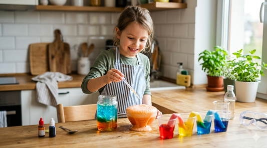 A child doing kitchen science experiments at home during half term — colourful lava lamp, walking water, and volcano experiments on a wooden counter