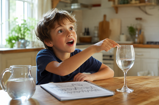 A child making a wine glass sing by running a wet finger around its rim — a kitchen science experiment about sound and resonance