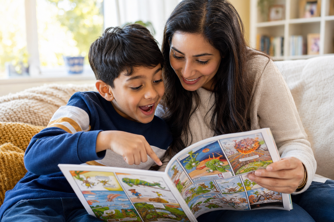 A British-Asian mother and son reading a science comic together on the sofa — an engaged, curious moment of shared learning at home